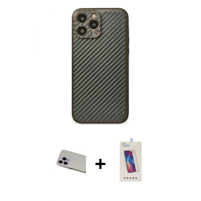 MARSİLYAN™- iPhone 13 Pro Max Kılıf Ahenk Işık - Siyah Joko 5D Cam + Mor Rainbow Kamera Lens Koruma Cam