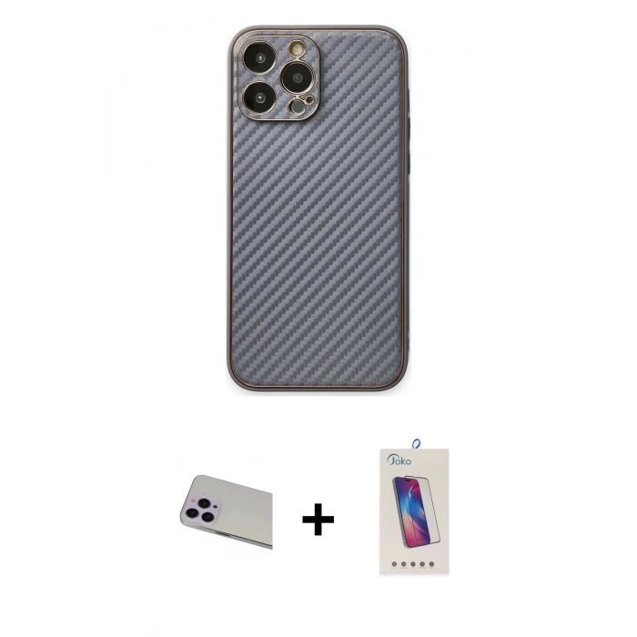 MARSİLYAN™- iPhone 13 Pro Max Kılıf Ahenk Işık - Siyah Joko 5D Cam + Mor Rainbow Kamera Lens Koruma Cam