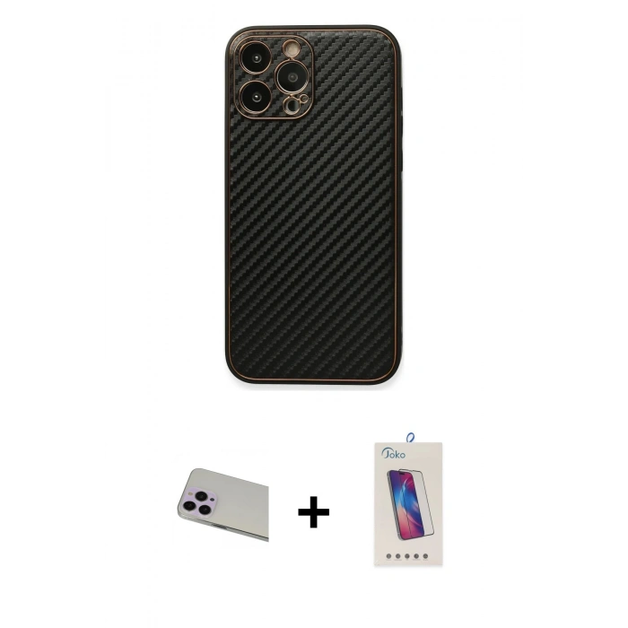 MARSİLYAN™- iPhone 13 Pro Max Kılıf Ahenk Işık - Siyah Joko 5D Cam + Mor Rainbow Kamera Lens Koruma Cam