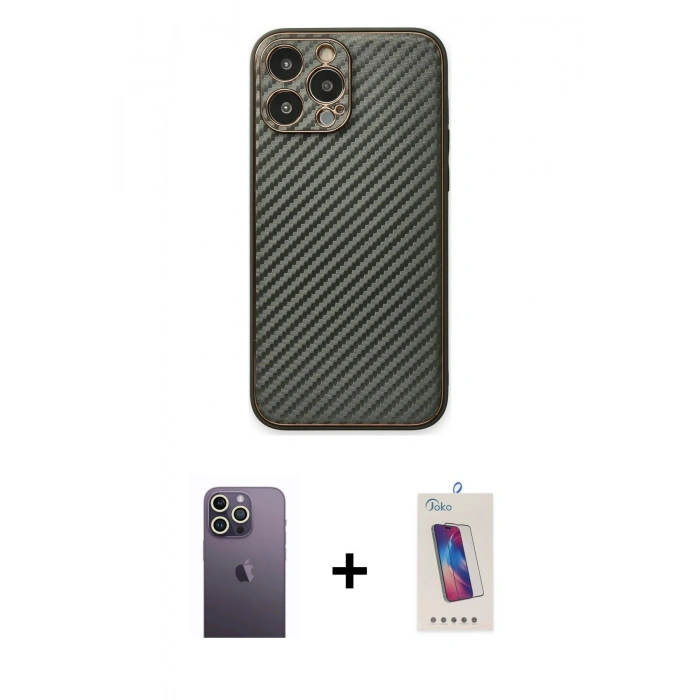 MARSİLYAN™- iPhone 13 Pro Max Kılıf Ahenk Işık - Siyah Joko 5D Cam + Neon Fosforlu Kamera Lens - BZ