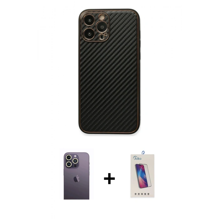 MARSİLYAN™- iPhone 13 Pro Max Kılıf Ahenk Işık - Siyah Joko 5D Cam + Neon Fosforlu Kamera Lens - BZ
