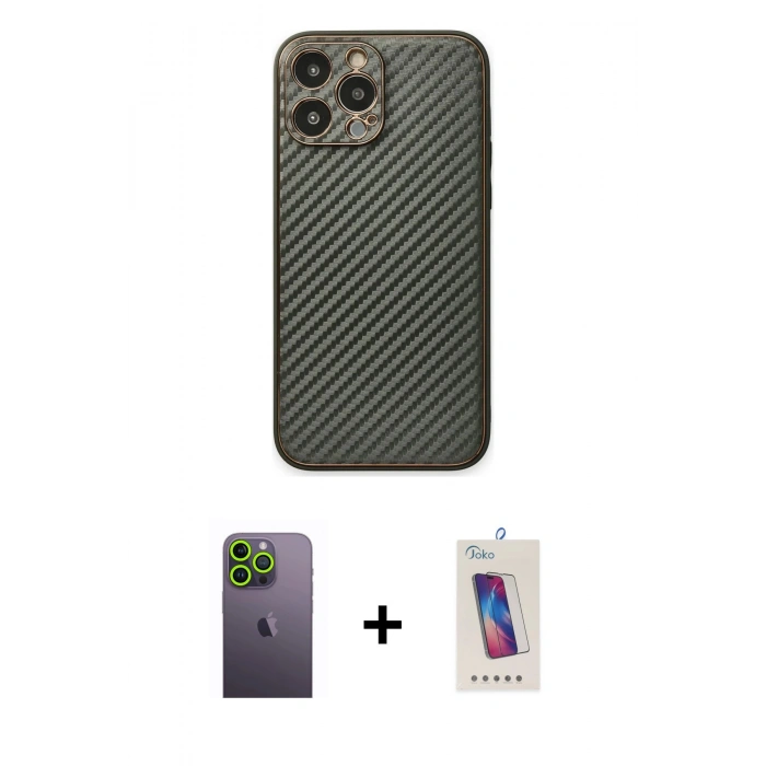 MARSİLYAN™- iPhone 13 Pro Max Kılıf Ahenk Işık - Siyah Joko 5D Cam + Neon Fosforlu Kamera Lens - YL