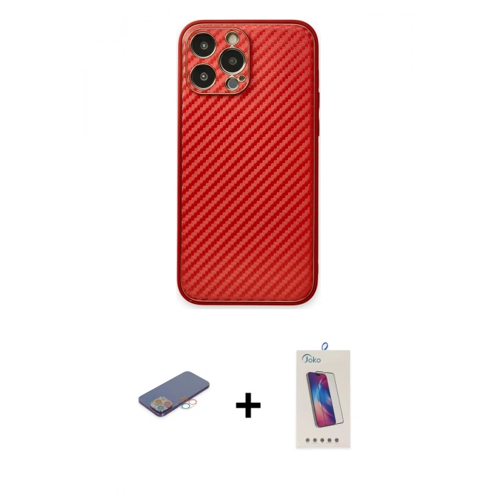 MARSİLYAN™- iPhone 13 Pro Max Kılıf Ahenk Işık - Siyah Joko 5D Cam + Pembe Renkli Kamera Lens Koruma Cam