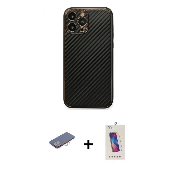 MARSİLYAN™- iPhone 13 Pro Max Kılıf Ahenk Işık - Siyah Joko 5D Cam + Pembe Renkli Kamera Lens Koruma Cam