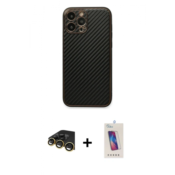 MARSİLYAN™- iPhone 13 Pro Max Kılıf Ahenk Işık - Siyah Joko 5D Cam + Raze Metal Kamera Lens - GD