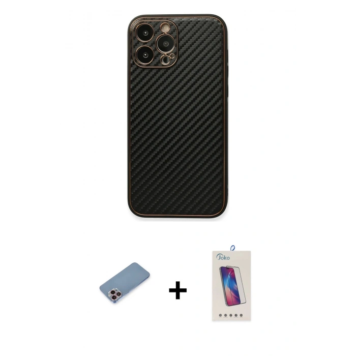 MARSİLYAN™- iPhone 13 Pro Max Kılıf Ahenk Işık - Siyah Joko 5D Cam + Shine Kamera Lens Koruma Cam - PE