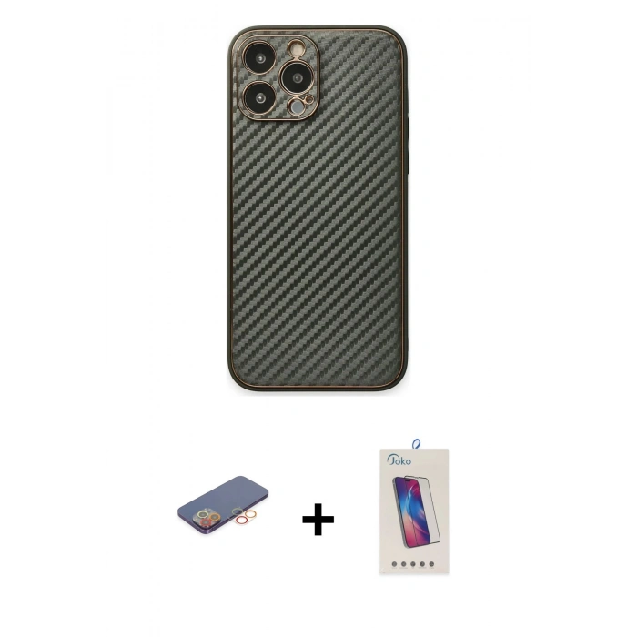 MARSİLYAN™- iPhone 13 Pro Max Kılıf Ahenk Işık - Siyah Joko 5D Cam + Turuncu Renkli Kamera Lens Koruma Cam