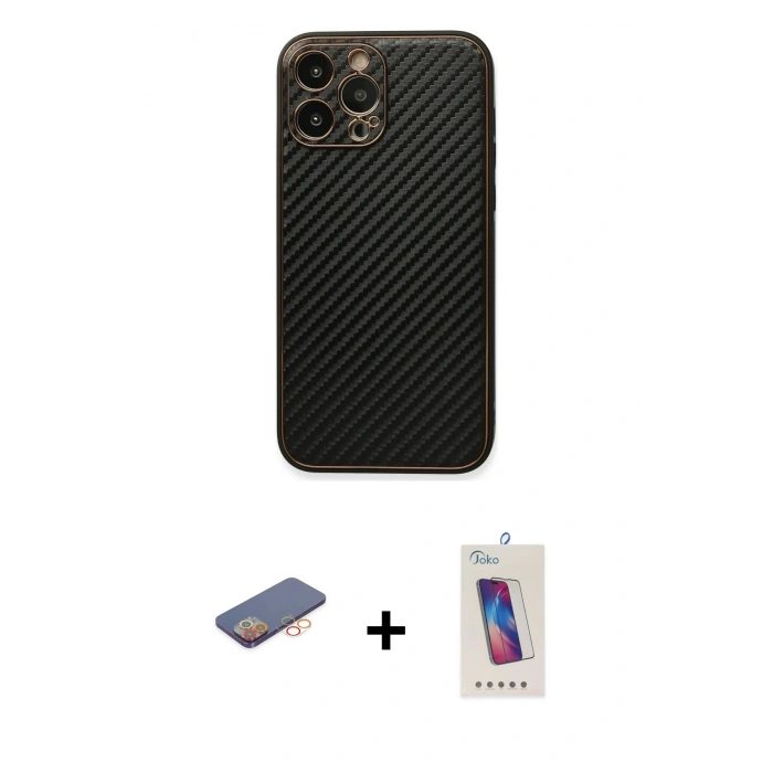 MARSİLYAN™- iPhone 13 Pro Max Kılıf Ahenk Işık - Siyah Joko 5D Cam + Turuncu Renkli Kamera Lens Koruma Cam