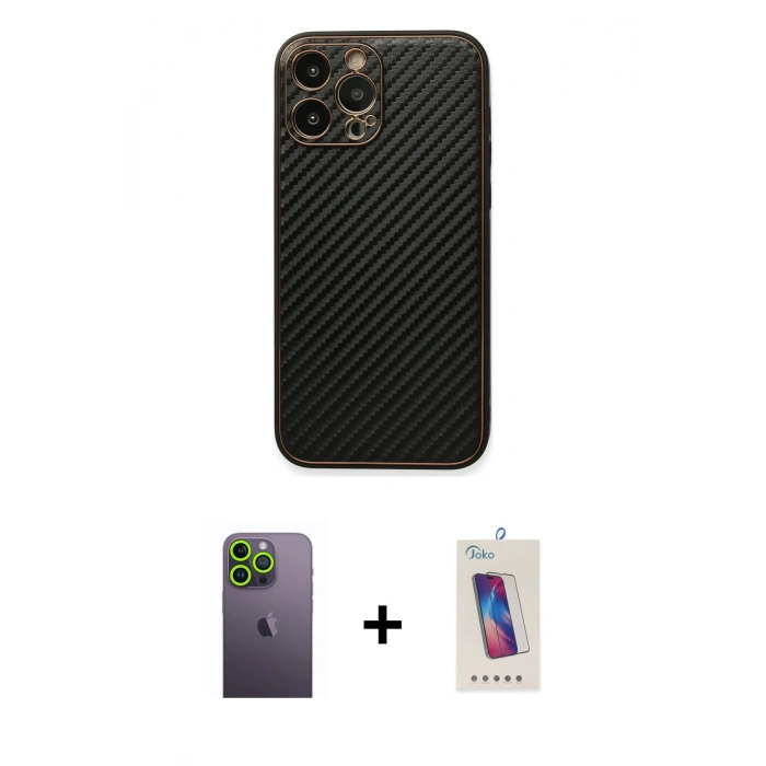 MARSİLYAN™- iPhone 13 Pro Max Kılıf Ahenk Işık - Siyah Joko 5D Cam + Neon Fosforlu Kamera Lens - YL