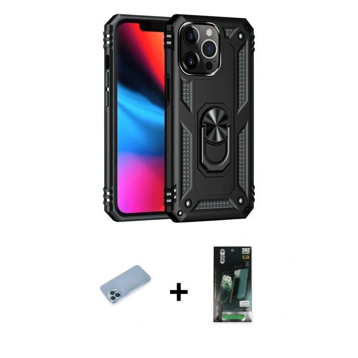 MARSİLYAN™- iPhone 13 Pro Max Kılıf Ahenk Klasik Koleksiyonu - Şeffaf 360 Full Body Arka Koruyucu + Shine Kamera Lens Koruma Cam - MI