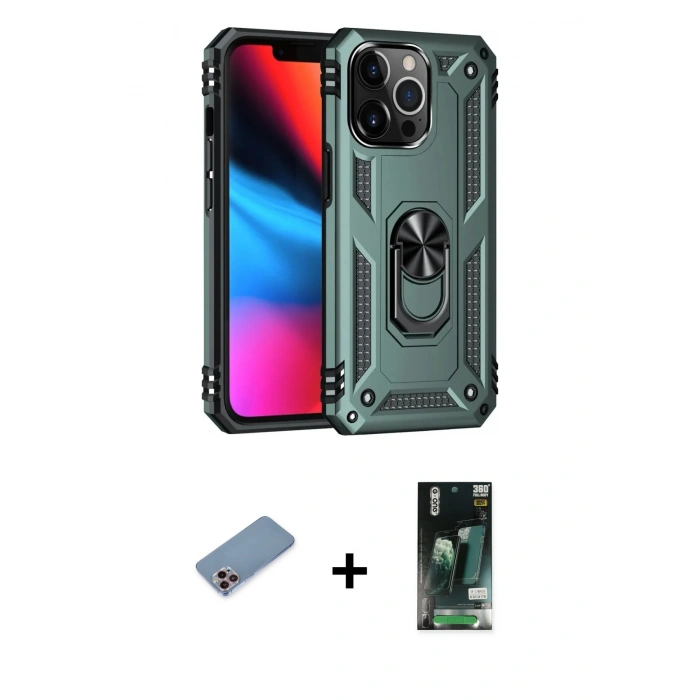 MARSİLYAN™- iPhone 13 Pro Max Kılıf Ahenk Klasik Koleksiyonu - Şeffaf 360 Full Body Arka Koruyucu + Shine Kamera Lens Koruma Cam - PE