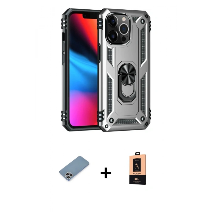 MARSİLYAN™- iPhone 13 Pro Max Kılıf Ahenk Klasik Koleksiyonu - Şeffaf Maxco Cam Ekran Koruyucu + Gökkuşağı Shine Kamera Lens Koruma Cam