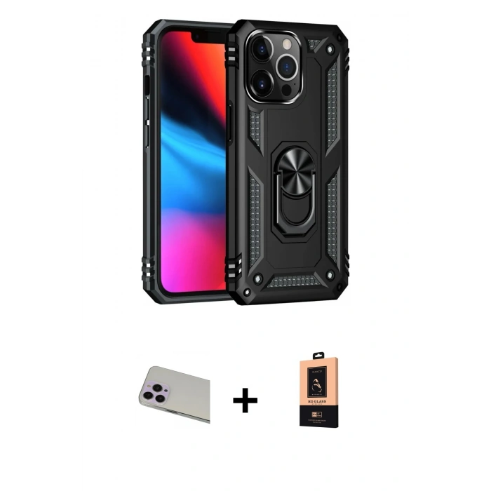 MARSİLYAN™- iPhone 13 Pro Max Kılıf Ahenk Klasik Koleksiyonu - Şeffaf Maxco Cam Ekran Koruyucu + Mor Rainbow Kamera Lens Koruma Cam