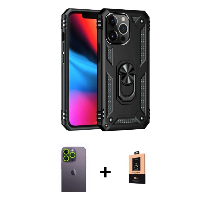 MARSİLYAN™- iPhone 13 Pro Max Kılıf Ahenk Klasik Koleksiyonu - Şeffaf Maxco Cam Ekran Koruyucu + Neon Fosforlu Kamera Lens - YL