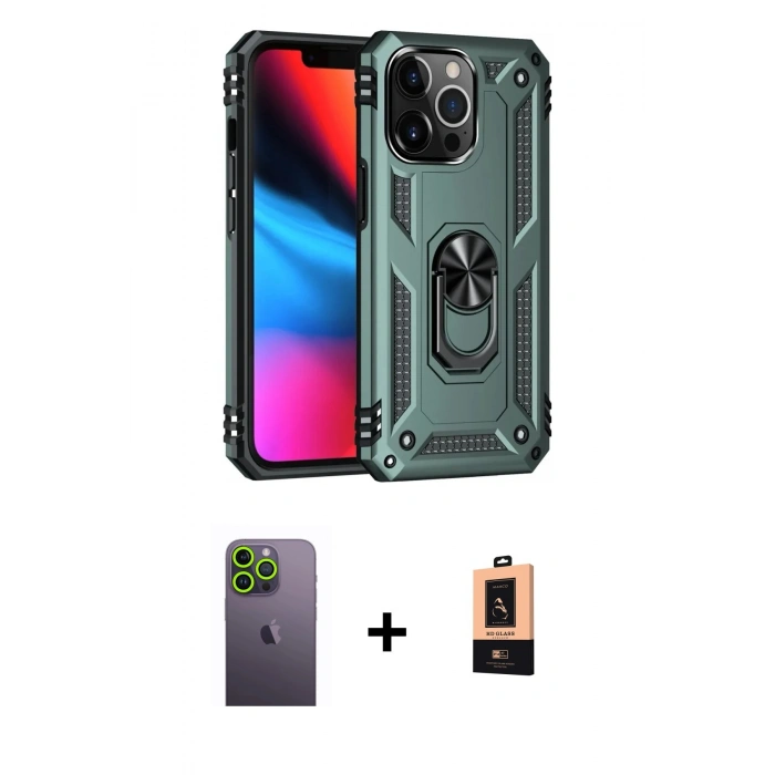 MARSİLYAN™- iPhone 13 Pro Max Kılıf Ahenk Klasik Koleksiyonu - Şeffaf Maxco Cam Ekran Koruyucu + Neon Fosforlu Kamera Lens - YL
