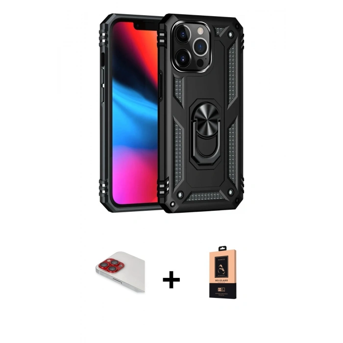 MARSİLYAN™- iPhone 13 Pro Max Kılıf Ahenk Klasik Koleksiyonu - Şeffaf Maxco Cam Ekran Koruyucu + Pers Alüminyum Kamera Lens - KI