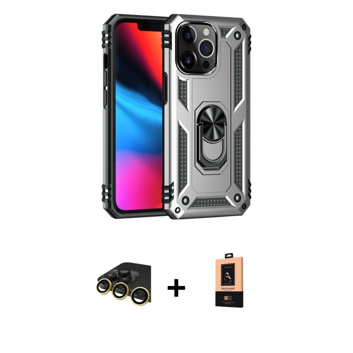 MARSİLYAN™- iPhone 13 Pro Max Kılıf Ahenk Klasik Koleksiyonu - Şeffaf Maxco Cam Ekran Koruyucu + Raze Metal Kamera Lens - GD