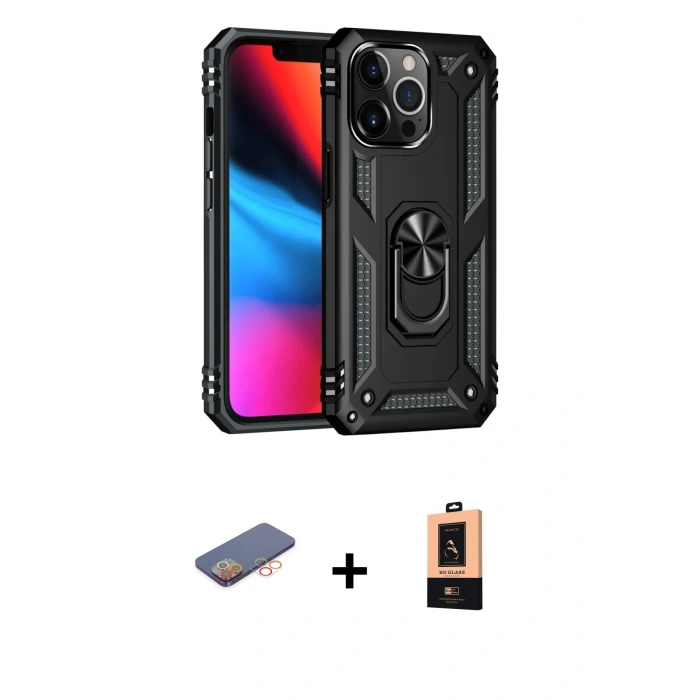 MARSİLYAN™- iPhone 13 Pro Max Kılıf Ahenk Klasik Koleksiyonu - Şeffaf Maxco Cam Ekran Koruyucu + Turuncu Renkli Kamera Lens Koruma Cam