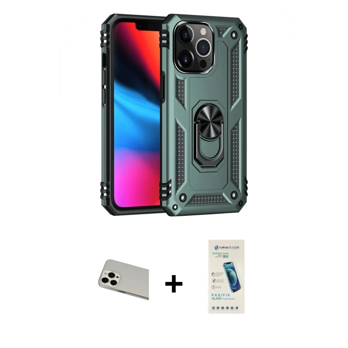 MARSİLYAN™- iPhone 13 Pro Max Kılıf Ahenk Klasik Koleksiyonu - Şeffaf Pasifik Cam Ekran Koruyucu + Rainbow Kamera Lens Koruma Cam - BZ