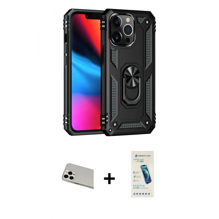 MARSİLYAN™- iPhone 13 Pro Max Kılıf Ahenk Klasik Koleksiyonu - Şeffaf Pasifik Cam Ekran Koruyucu + Rainbow Kamera Lens Koruma Cam - BZ