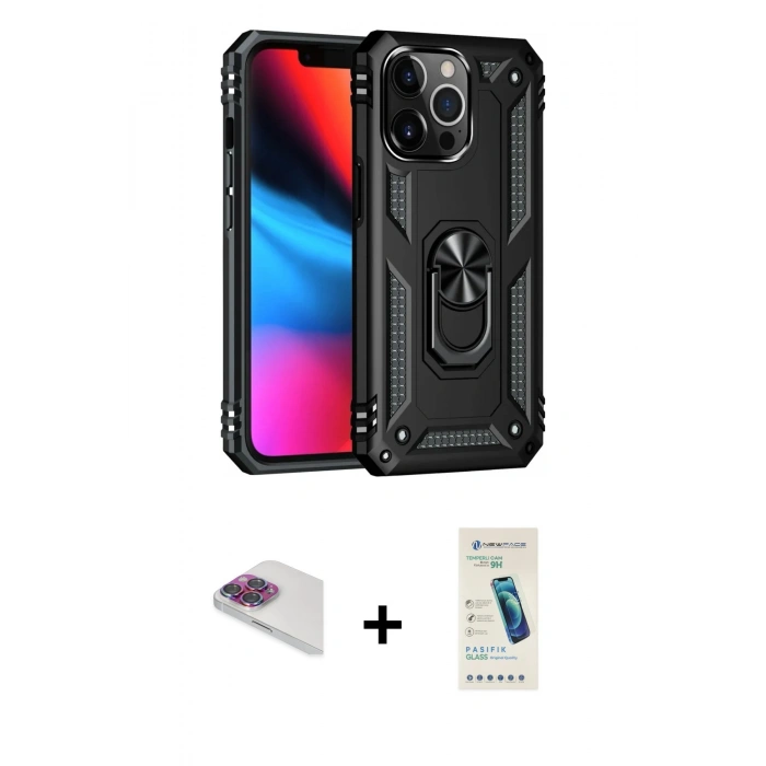 MARSİLYAN™- iPhone 13 Pro Max Kılıf Ahenk Klasik Koleksiyonu - Şeffaf Pasifik Cam Ekran Koruyucu + Pers Alüminyum Kamera Lens - GI