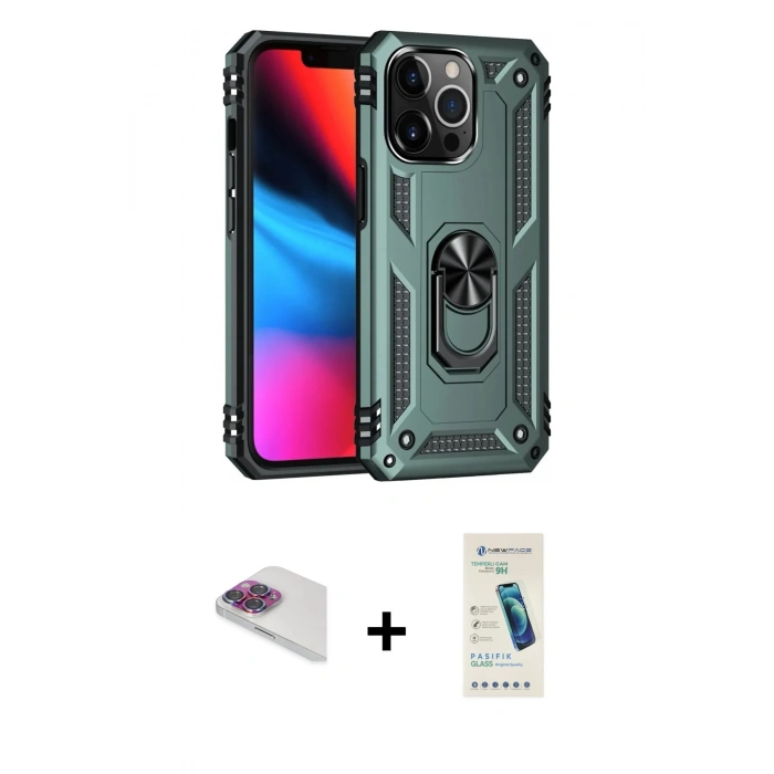 MARSİLYAN™- iPhone 13 Pro Max Kılıf Ahenk Klasik Koleksiyonu - Şeffaf Pasifik Cam Ekran Koruyucu + Pers Alüminyum Kamera Lens - GI
