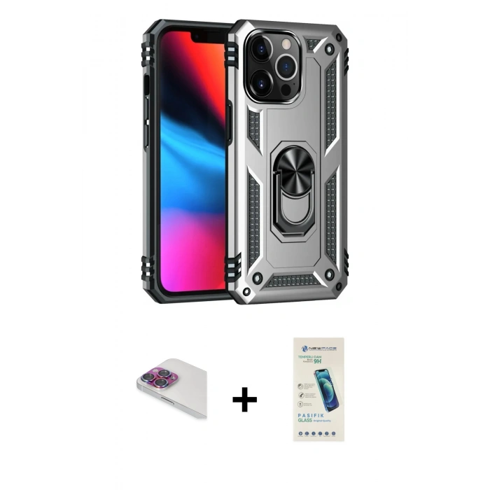 MARSİLYAN™- iPhone 13 Pro Max Kılıf Ahenk Klasik Koleksiyonu - Şeffaf Pasifik Cam Ekran Koruyucu + Pers Alüminyum Kamera Lens - GI