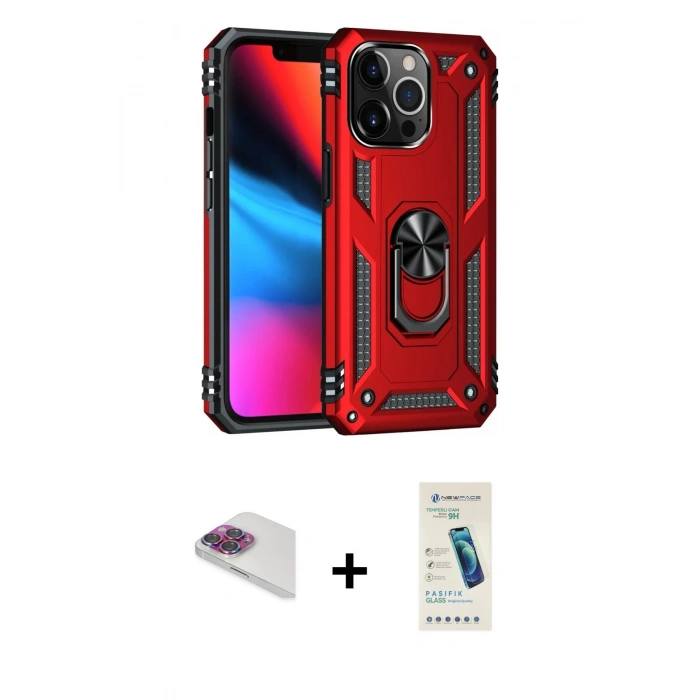 MARSİLYAN™- iPhone 13 Pro Max Kılıf Ahenk Klasik Koleksiyonu - Şeffaf Pasifik Cam Ekran Koruyucu + Pers Alüminyum Kamera Lens - GI