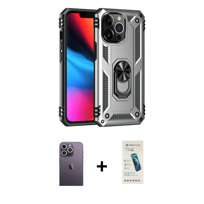 MARSİLYAN™- iPhone 13 Pro Max Kılıf Ahenk Klasik Koleksiyonu - Şeffaf Pasifik Cam Ekran Koruyucu + Neon Fosforlu Kamera Lens - BZ