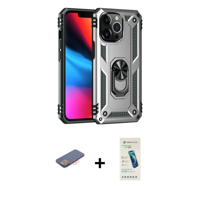 MARSİLYAN™- iPhone 13 Pro Max Kılıf Ahenk Klasik Koleksiyonu - Şeffaf Pasifik Cam Ekran Koruyucu + Renkli Kamera Lens Koruma Cam - PE