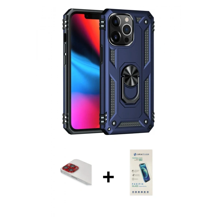 MARSİLYAN™- iPhone 13 Pro Max Kılıf Ahenk Klasik Koleksiyonu - Şeffaf Pasifik Cam Ekran Koruyucu + Pers Alüminyum Kamera Lens - KI