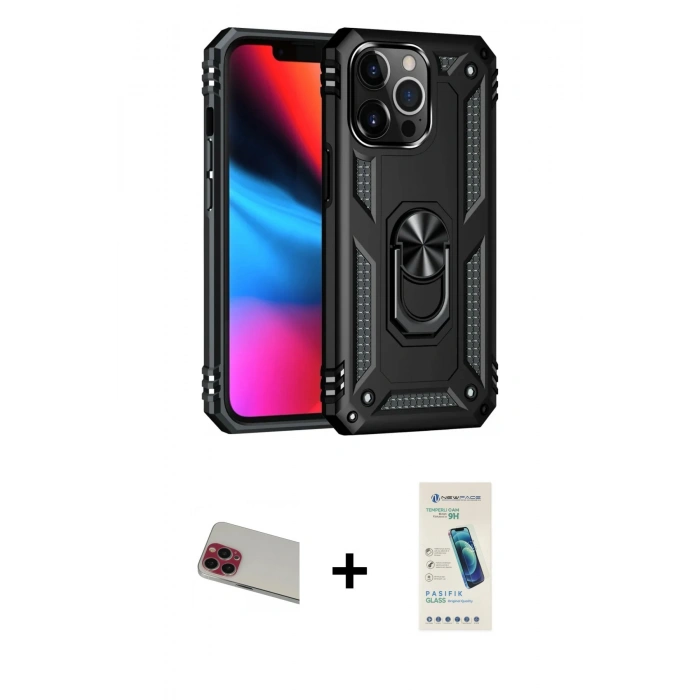 MARSİLYAN™- iPhone 13 Pro Max Kılıf Ahenk Klasik Koleksiyonu - Şeffaf Pasifik Cam Ekran Koruyucu + Rainbow Kamera Lens Koruma Cam - KI