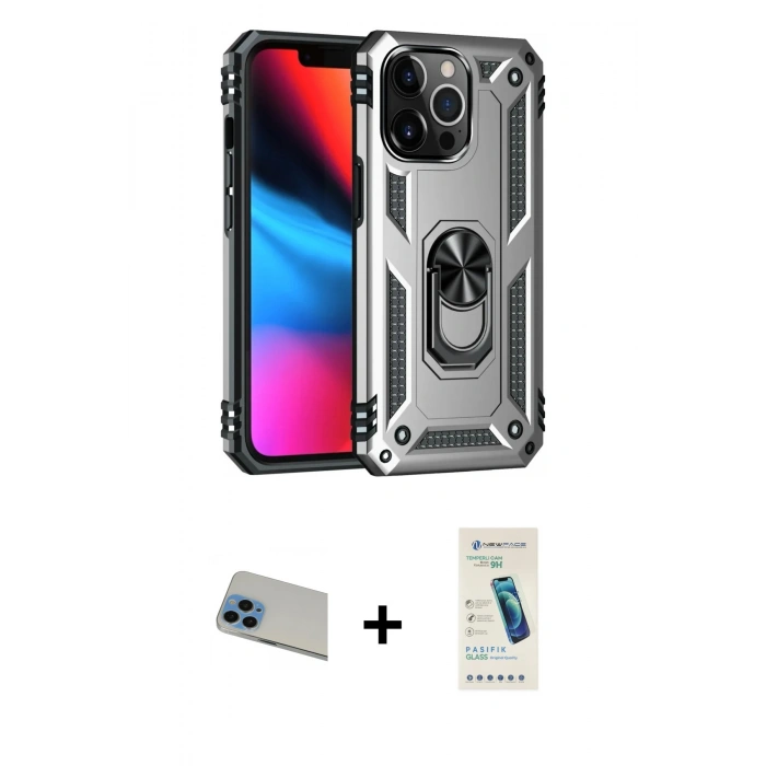 MARSİLYAN™- iPhone 13 Pro Max Kılıf Ahenk Klasik Koleksiyonu - Şeffaf Pasifik Cam Ekran Koruyucu + Rainbow Kamera Lens Koruma Cam - MI