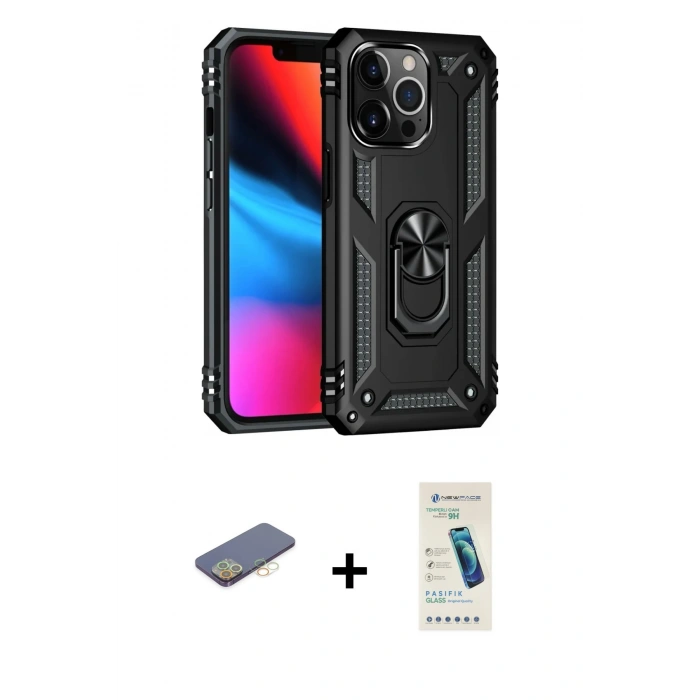MARSİLYAN™- iPhone 13 Pro Max Kılıf Ahenk Klasik Koleksiyonu - Şeffaf Pasifik Cam Ekran Koruyucu + Renkli Kamera Lens Koruma Cam - SI