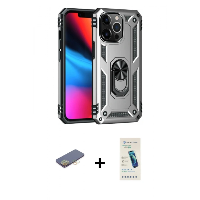 MARSİLYAN™- iPhone 13 Pro Max Kılıf Ahenk Klasik Koleksiyonu - Şeffaf Pasifik Cam Ekran Koruyucu + Renkli Kamera Lens Koruma Cam - SI