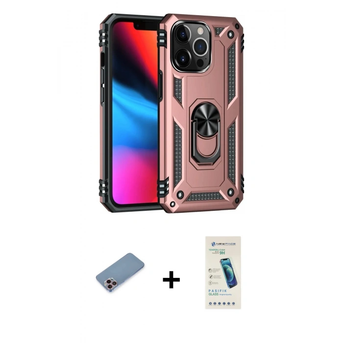 MARSİLYAN™- iPhone 13 Pro Max Kılıf Ahenk Klasik Koleksiyonu - Şeffaf Pasifik Cam Ekran Koruyucu + Shine Kamera Lens Koruma Cam - PE