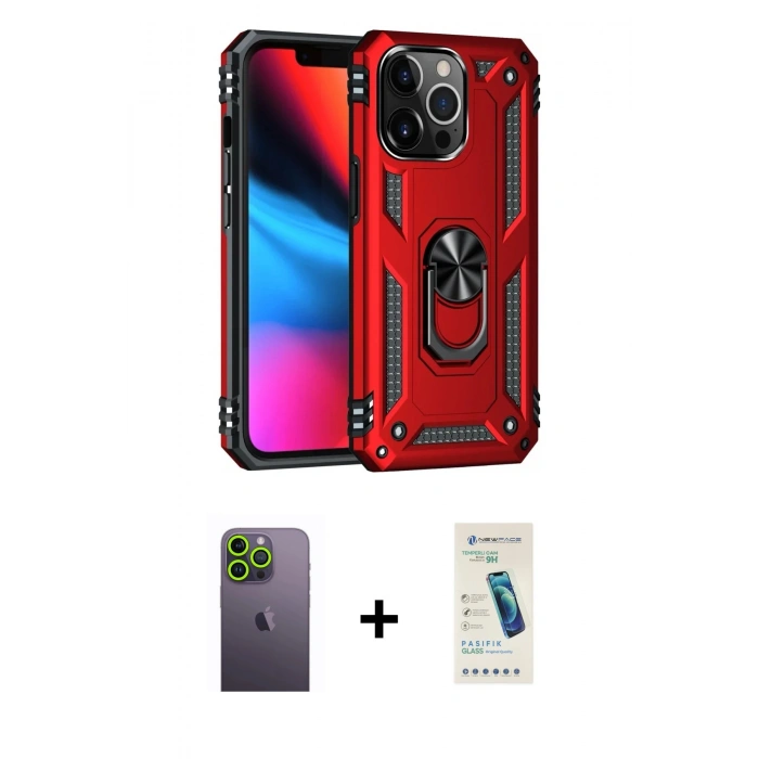MARSİLYAN™- iPhone 13 Pro Max Kılıf Ahenk Klasik Koleksiyonu - Şeffaf Pasifik Cam Ekran Koruyucu + Yeşil Neon Fosforlu Kamera Lens