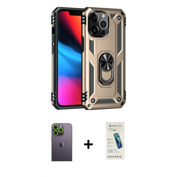 MARSİLYAN™- iPhone 13 Pro Max Kılıf Ahenk Klasik Koleksiyonu - Şeffaf Pasifik Cam Ekran Koruyucu + Yeşil Neon Fosforlu Kamera Lens