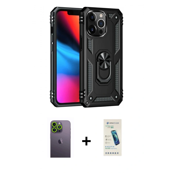 MARSİLYAN™- iPhone 13 Pro Max Kılıf Ahenk Klasik Koleksiyonu - Şeffaf Pasifik Cam Ekran Koruyucu + Yeşil Neon Fosforlu Kamera Lens