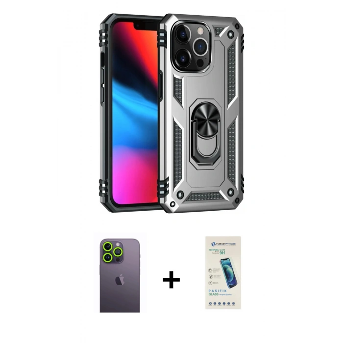 MARSİLYAN™- iPhone 13 Pro Max Kılıf Ahenk Klasik Koleksiyonu - Şeffaf Pasifik Cam Ekran Koruyucu + Yeşil Neon Fosforlu Kamera Lens
