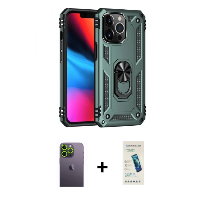MARSİLYAN™- iPhone 13 Pro Max Kılıf Ahenk Klasik Koleksiyonu - Şeffaf Pasifik Cam Ekran Koruyucu + Yeşil Neon Fosforlu Kamera Lens