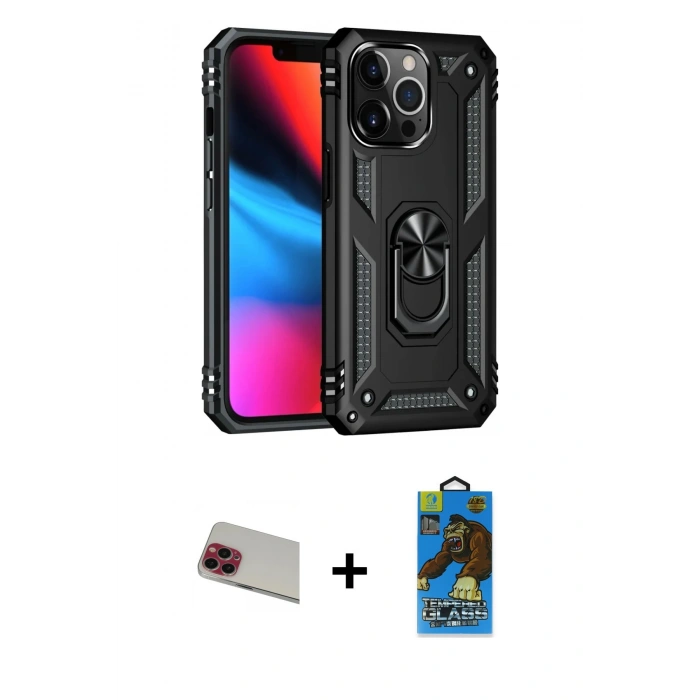 MARSİLYAN™- iPhone 13 Pro Max Kılıf Ahenk Klasik Koleksiyonu - Siyah 18D Cam Ekran Koruyucu + Rainbow Kamera Lens Koruma Cam - KI