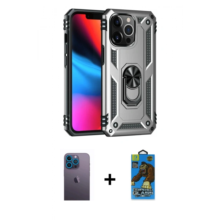 MARSİLYAN™- iPhone 13 Pro Max Kılıf Ahenk Klasik Koleksiyonu - Siyah 18D Cam Ekran Koruyucu + Neon Fosforlu Kamera Lens - MI