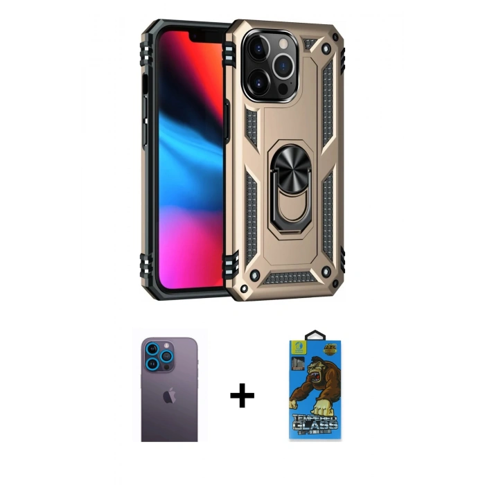 MARSİLYAN™- iPhone 13 Pro Max Kılıf Ahenk Klasik Koleksiyonu - Siyah 18D Cam Ekran Koruyucu + Neon Fosforlu Kamera Lens - MI