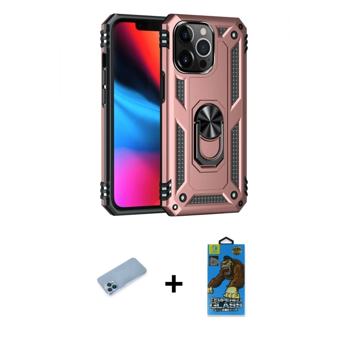 MARSİLYAN™- iPhone 13 Pro Max Kılıf Ahenk Klasik Koleksiyonu - Siyah 18D Cam Ekran Koruyucu + Mavi Shine Kamera Lens Koruma Cam