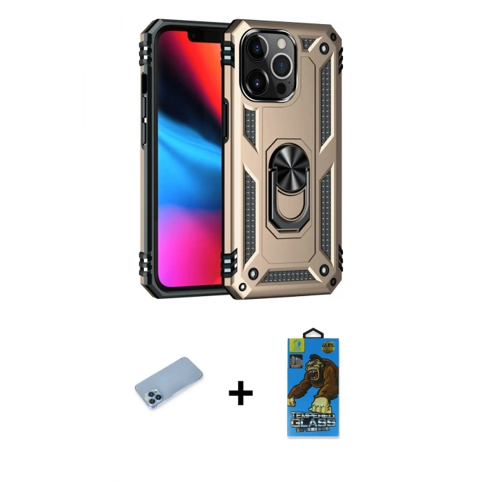 MARSİLYAN™- iPhone 13 Pro Max Kılıf Ahenk Klasik Koleksiyonu - Siyah 18D Cam Ekran Koruyucu + Mavi Shine Kamera Lens Koruma Cam