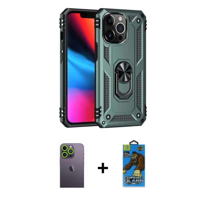 MARSİLYAN™- iPhone 13 Pro Max Kılıf Ahenk Klasik Koleksiyonu - Siyah 18D Cam Ekran Koruyucu + Neon Fosforlu Kamera Lens - YL