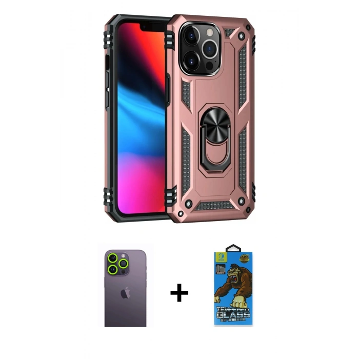 MARSİLYAN™- iPhone 13 Pro Max Kılıf Ahenk Klasik Koleksiyonu - Siyah 18D Cam Ekran Koruyucu + Neon Fosforlu Kamera Lens - YL