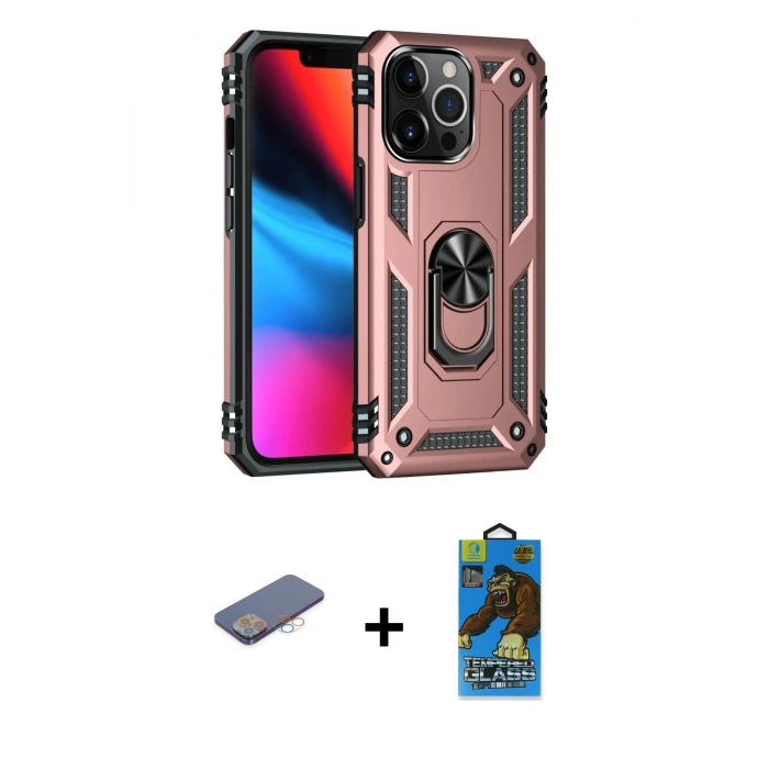 MARSİLYAN™- iPhone 13 Pro Max Kılıf Ahenk Klasik Koleksiyonu - Siyah 18D Cam Ekran Koruyucu + Renkli Kamera Lens Koruma Cam - PE
