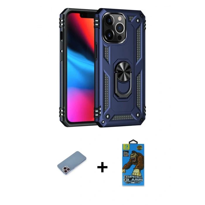 MARSİLYAN™- iPhone 13 Pro Max Kılıf Ahenk Klasik Koleksiyonu - Siyah 18D Cam Ekran Koruyucu + Shine Kamera Lens Koruma Cam - PE